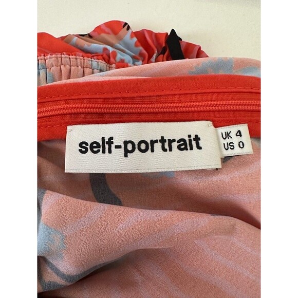 Self-Portrait Off Shoulder Pleated Ruffle Floral Tropical Midi Dress Orange Sz 0 - Picture 11 of 12